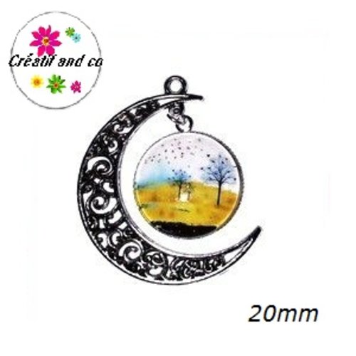 Pendentif lune et son cabochon rond paysage 20mm