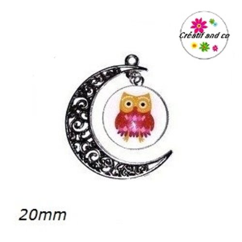 Pendentif lune et son cabochon rond hibou 20mm