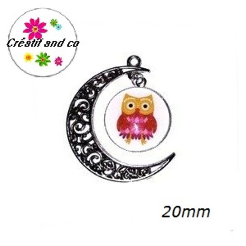 Pendentif lune et son cabochon rond hibou 20mm
