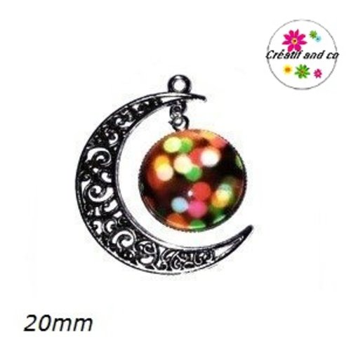 Pendentif lune et son cabochon rond psychadèlique 20mm