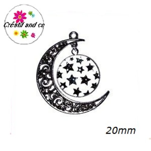 Pendentif lune et son cabochon rond étoiles noires 20mm