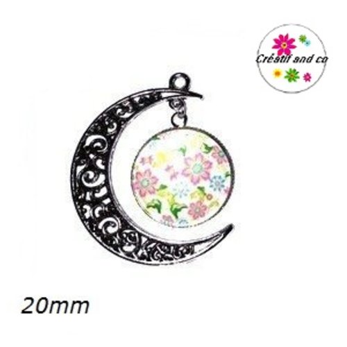 Pendentif lune et son cabochon rond fleuris 20mm