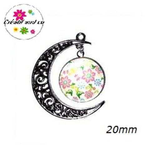 Pendentif lune et son cabochon rond fleuris 20mm