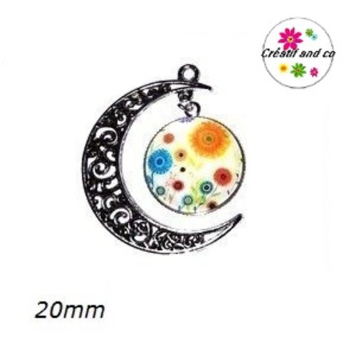 Pendentif lune et son cabochon rond fleuri 20mm