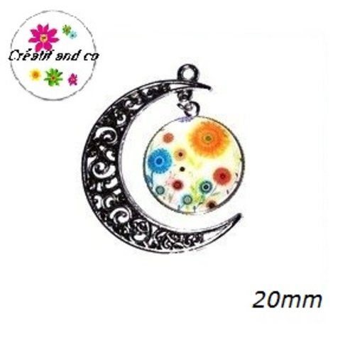 Pendentif lune et son cabochon rond fleuri 20mm