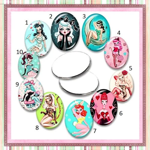 X2 cabochons ovales pin'up humoristiques 13x18mm