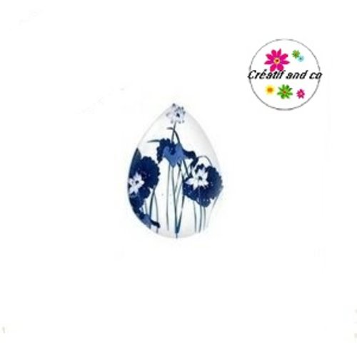 Cabochon goutte fleurs bleues 18x25mm