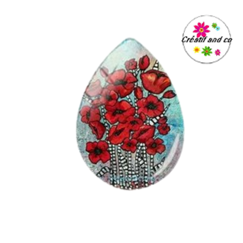 Cabochon goutte fleurs rouges 18x25mm