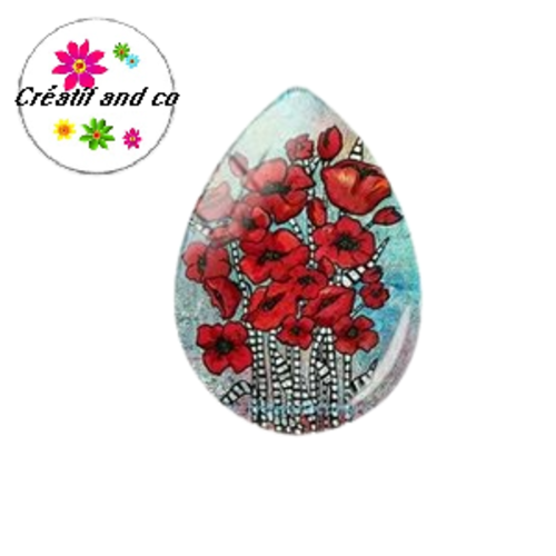 Cabochon goutte fleurs rouges 18x25mm