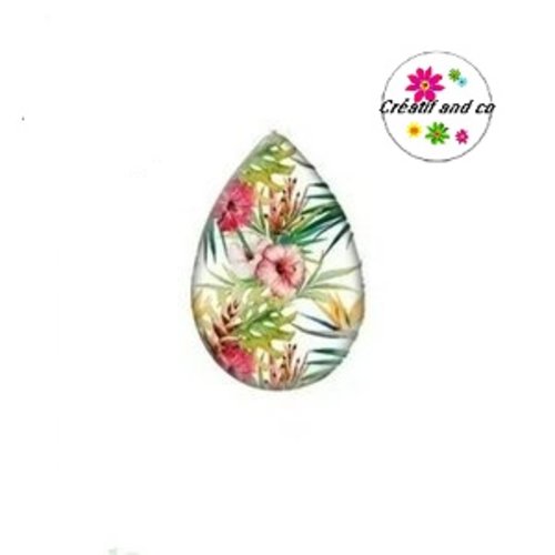 Cabochon goutte feuille tropicale et fleur 18x25mm