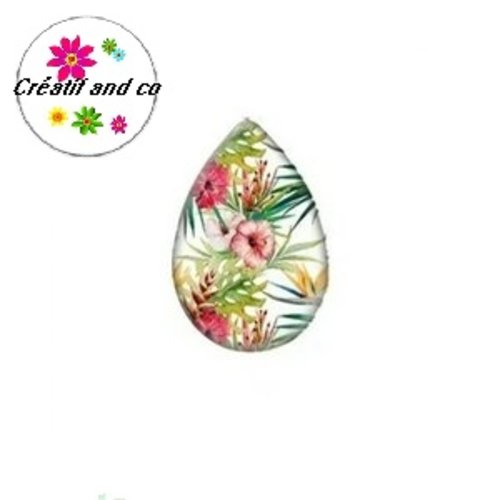 Cabochon goutte feuille tropicale et fleur 18x25mm