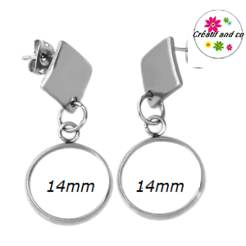 Boucle d'oreille pendante acier inoxydable cabochon 14mm