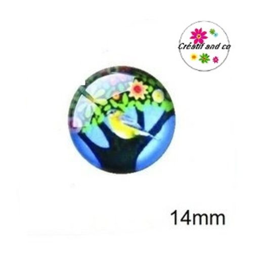 X2 cabochons arbre de vie et son oiseau jaune 14mm
