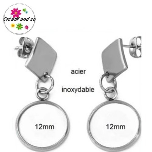 Boucle d'oreille pendante acier inoxydable cabochon 12mm