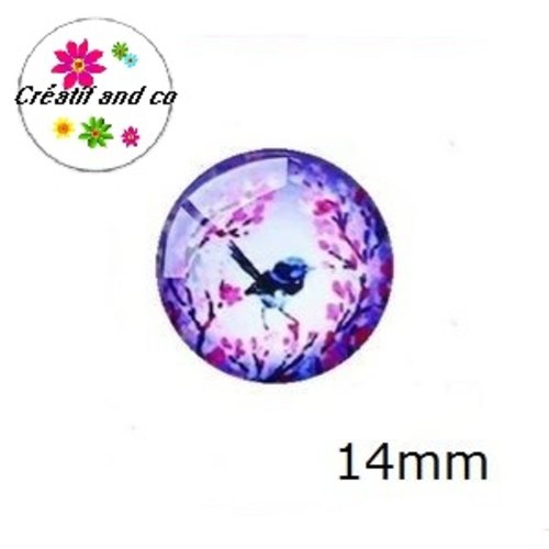X2 cabochons oiseau coloré 14mm