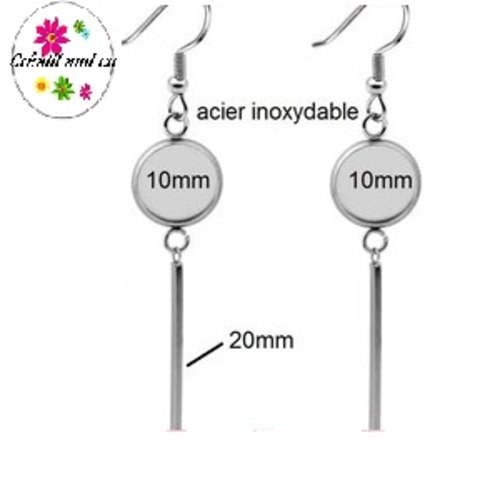 Boucle d'oreille pendante avec tige bout rond acier inoxydable (20mm)  cabochon 10mm
