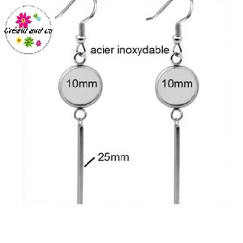 Boucle d'oreille pendante avec tige bout rond acier inoxydable (25mm)  cabochon 10mm