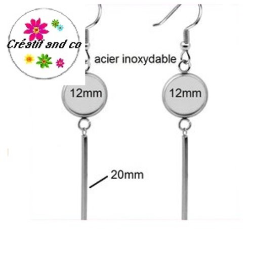 Boucle d'oreille pendante avec tige bout rond acier inoxydable (20mm)  cabochon 12mm