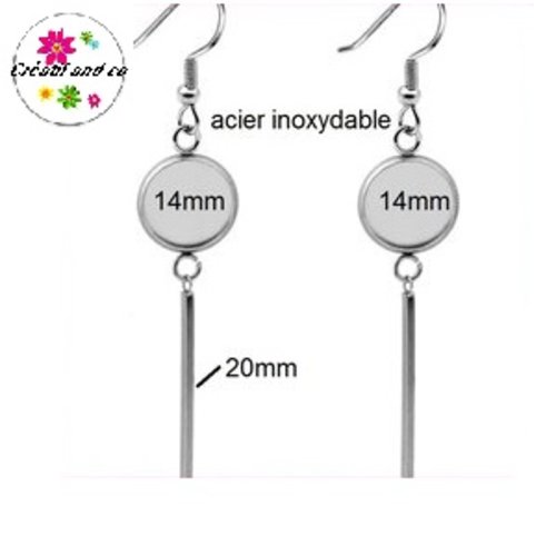 Boucle d'oreille pendante avec tige bout rond acier inoxydable (20mm)  cabochon 14mm