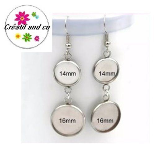 Boucle d'oreille acier inoxydable duo de cabochon 14mm/16mm