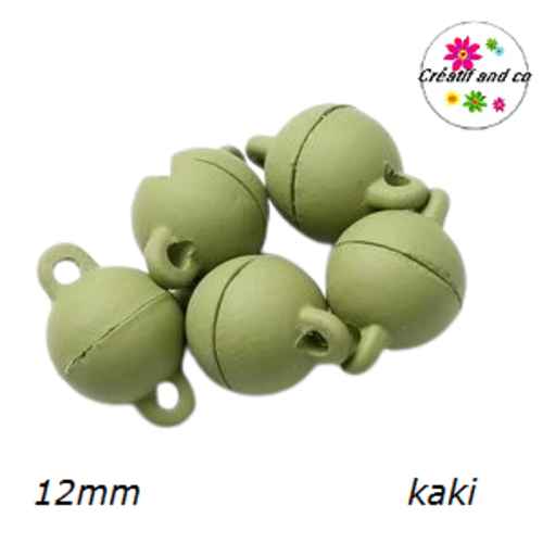 Fermoir magnétique rond boule  kaki 12mm