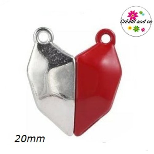 Fermoir magnétique forme coeur argent/rouge 20mm