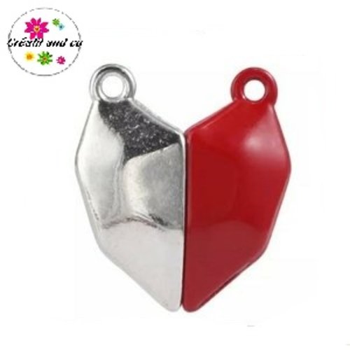 Fermoir magnétique forme coeur argent/rouge  20x17,5mm