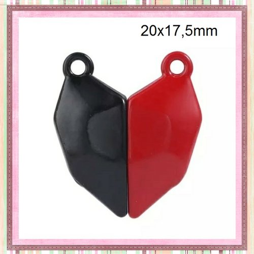 Fermoir magnétique forme coeur noir/rouge  20x17,5mm