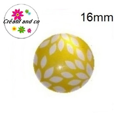 X2 cabochons feuille blanche fond jaune 16mm