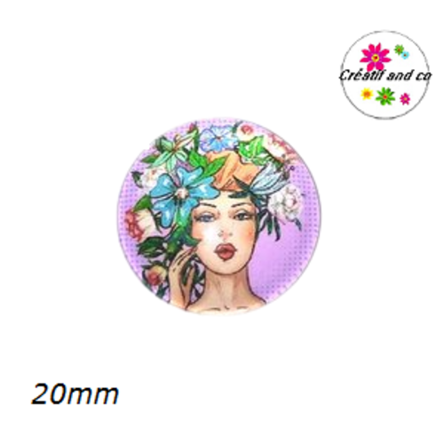 Cabochon visage femme couronne de fleurs 20mm