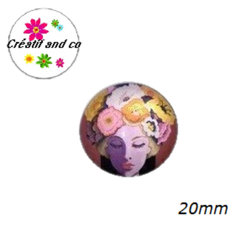 Cabochon visage femme couronne de fleurs  20mm
