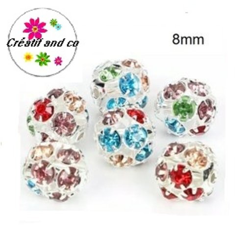 X5 perles rondes filigranes strassées mix couleur 8mm