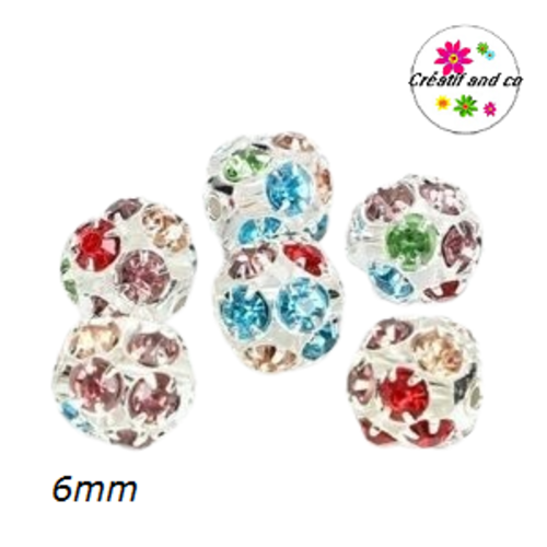 X5 perles rondes filigranes argentées strassées mix couleur 6mm