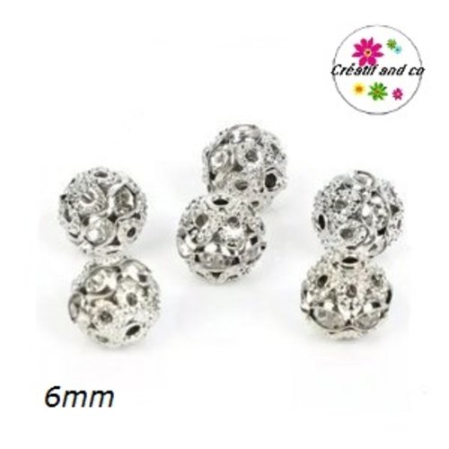 X5 perles rondes filigranes rhodium strassées 6mm