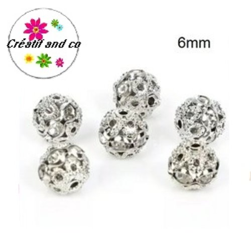 X5 perles rondes filigranes rhodium strassées 6mm