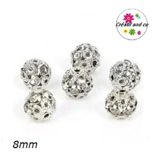 X5 perles rondes filigranes rhofium strassées 8mm