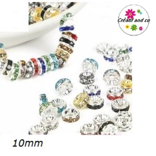 X10 perles rondelles intercalaires métal strass  mix couleur 10mm