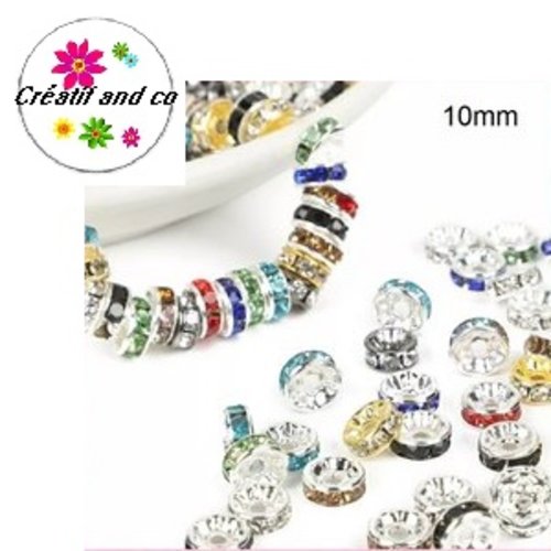 X10 perles rondelles intercalaires métal strass  mix couleur 10mm