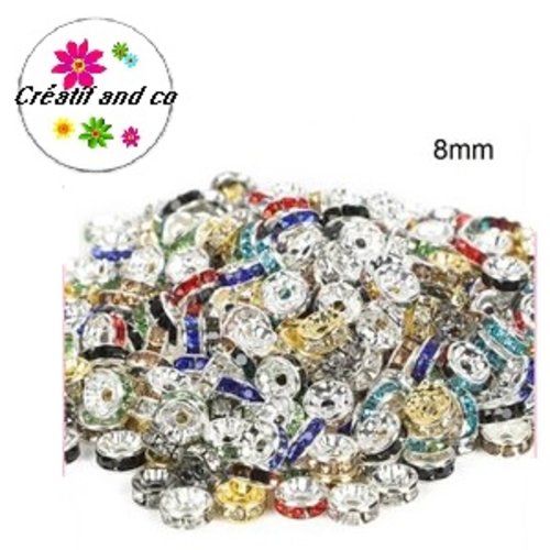 X10 perles rondelles intercalaires métal strass  mix couleur 8mm