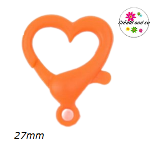 Mousqueton forme coeur orange flashy plastique 27mm