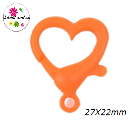 Mousqueton forme coeur orange flashy plastique 27x22mm