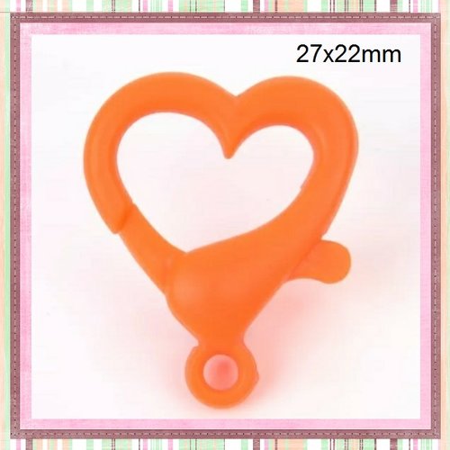 Mousqueton forme coeur orange flashy plastique 27x22mm