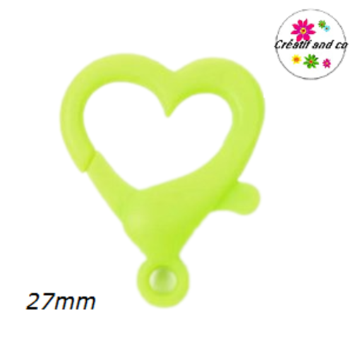 Mousqueton forme coeur vert fluo  plastique 27mm