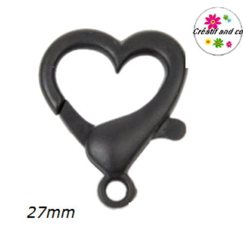 Mousqueton forme coeur noir plastique 27mm