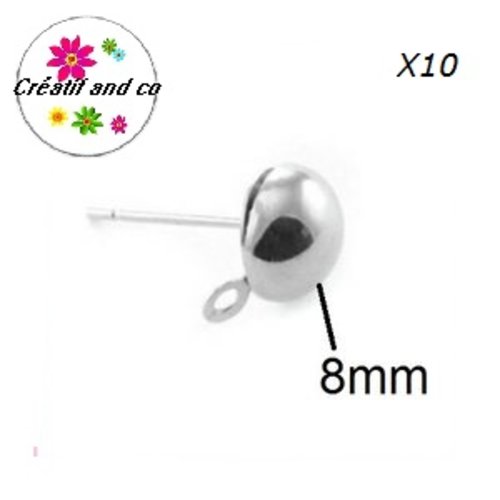 X10 clous 1/2 boule avec anneau argentée 8mm