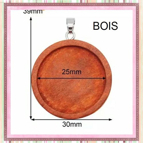 Pendentif bois marron foncé et sa bélière cabochon 25mm