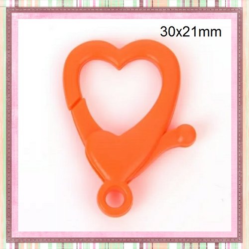 Mousqueton forme coeur orange fluo plastique 31x21mm