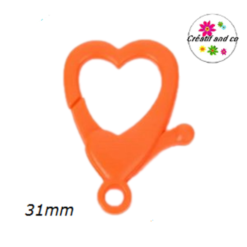 Mousqueton forme coeur orange fluo plastique 31mm