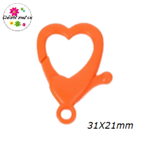 Mousqueton forme coeur orange fluo plastique 31x21mm