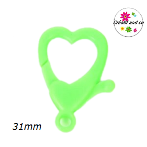 Mousqueton forme coeur vert fluo plastique 31mm
